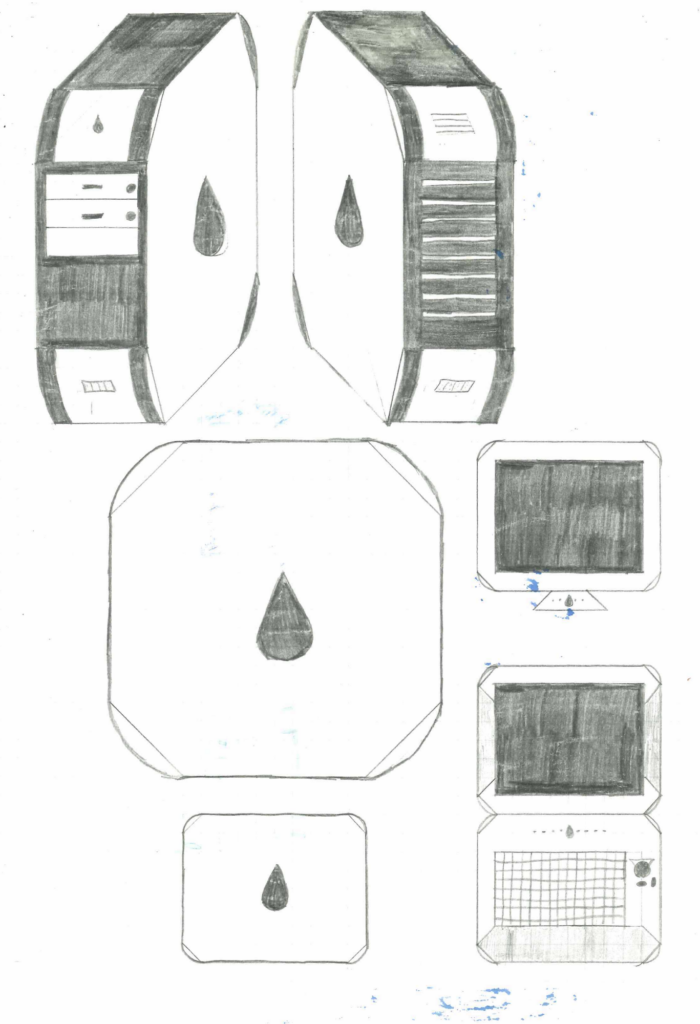 Bleistiftskizzen für PCs, inspiriert von Apple-Produkten um die Jahrtausendwende. Alle haben ein tropfenförmiges Logo und eine achteckige Grundform, wobei gegenüberliegende Seiten stets parallel zueinander und gleich lang sind, die diagonalen Seiten sind aber kürzer als die geraden. Über den diagonalen Seiten wölben sich noch Kreisbögen als Griffe. In diesem Stil haben wir hier einen Tower-PC, einen Desktop-PC oder Monitor sowie ein Laptop.